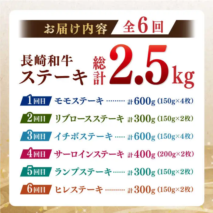 【全6回定期便】 長崎和牛 ステーキざんまいコース 総計2.5kg / モモ リブロース イチボ サーロイン ランプ ヒレ / 肉 牛肉 ステーキ 焼肉 / 波佐見町 / 野中精肉店 [VF81] 九州 九州産