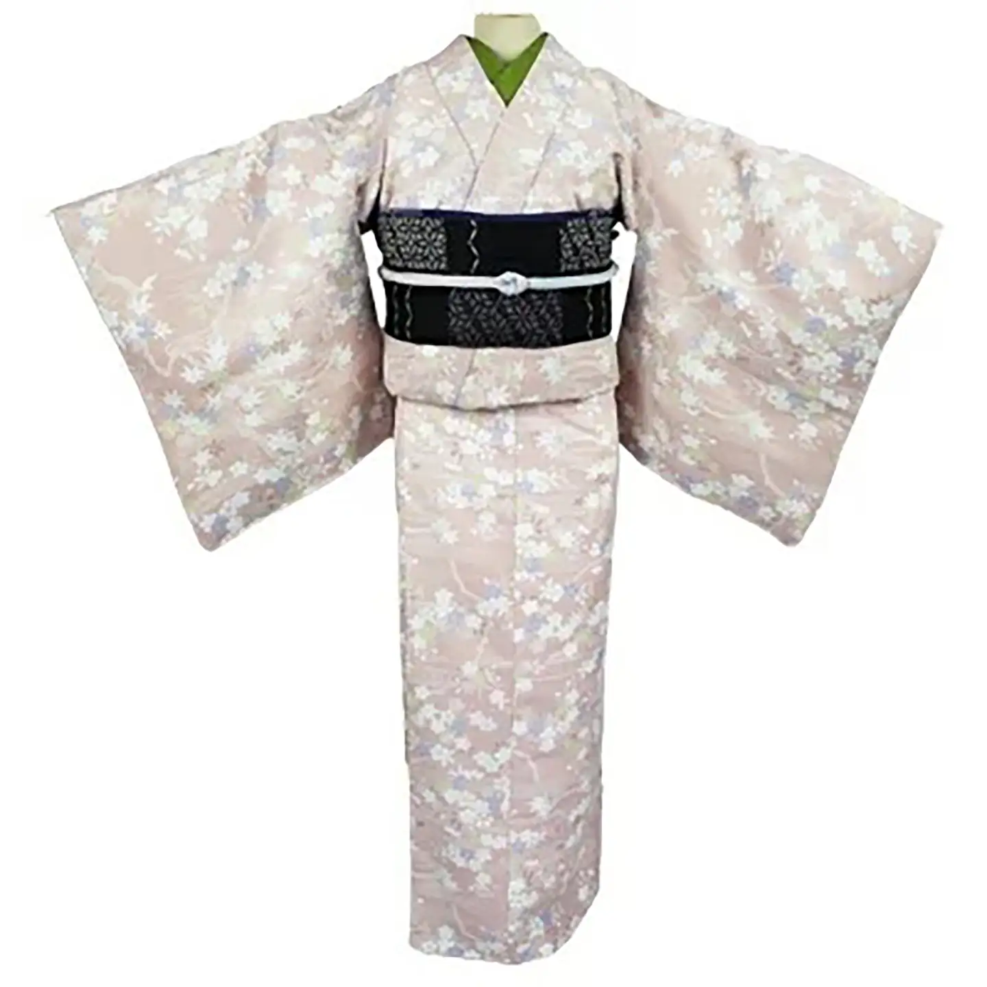 車いす用着物レンタル3日間＜小紋:桃色 桜 紅葉柄 太鼓帯:黒色 格子柄(草履付き)＞ 着物