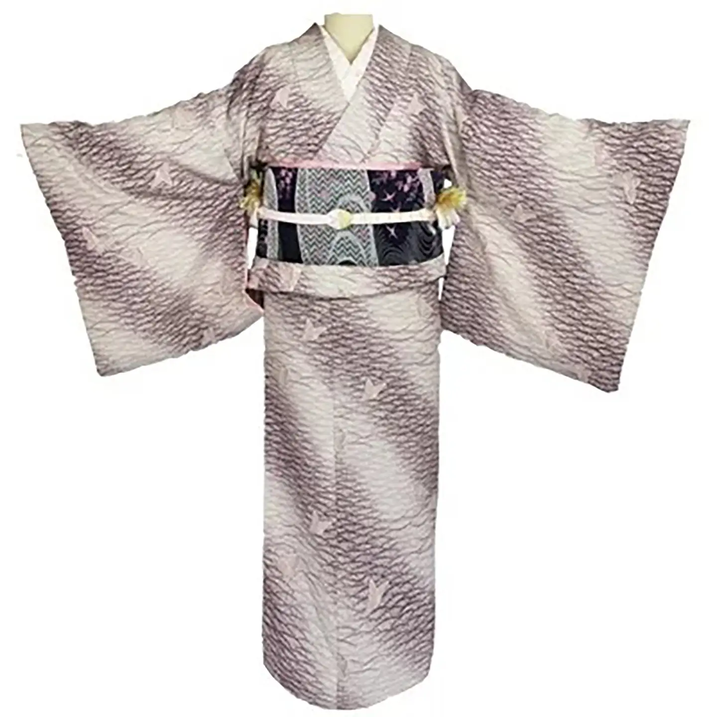 車いす用着物レンタル3日間＜小紋:赤茶色 波と蝶 太鼓帯:紺色 波の鶴柄 草花文(草履付き)＞ 着物
