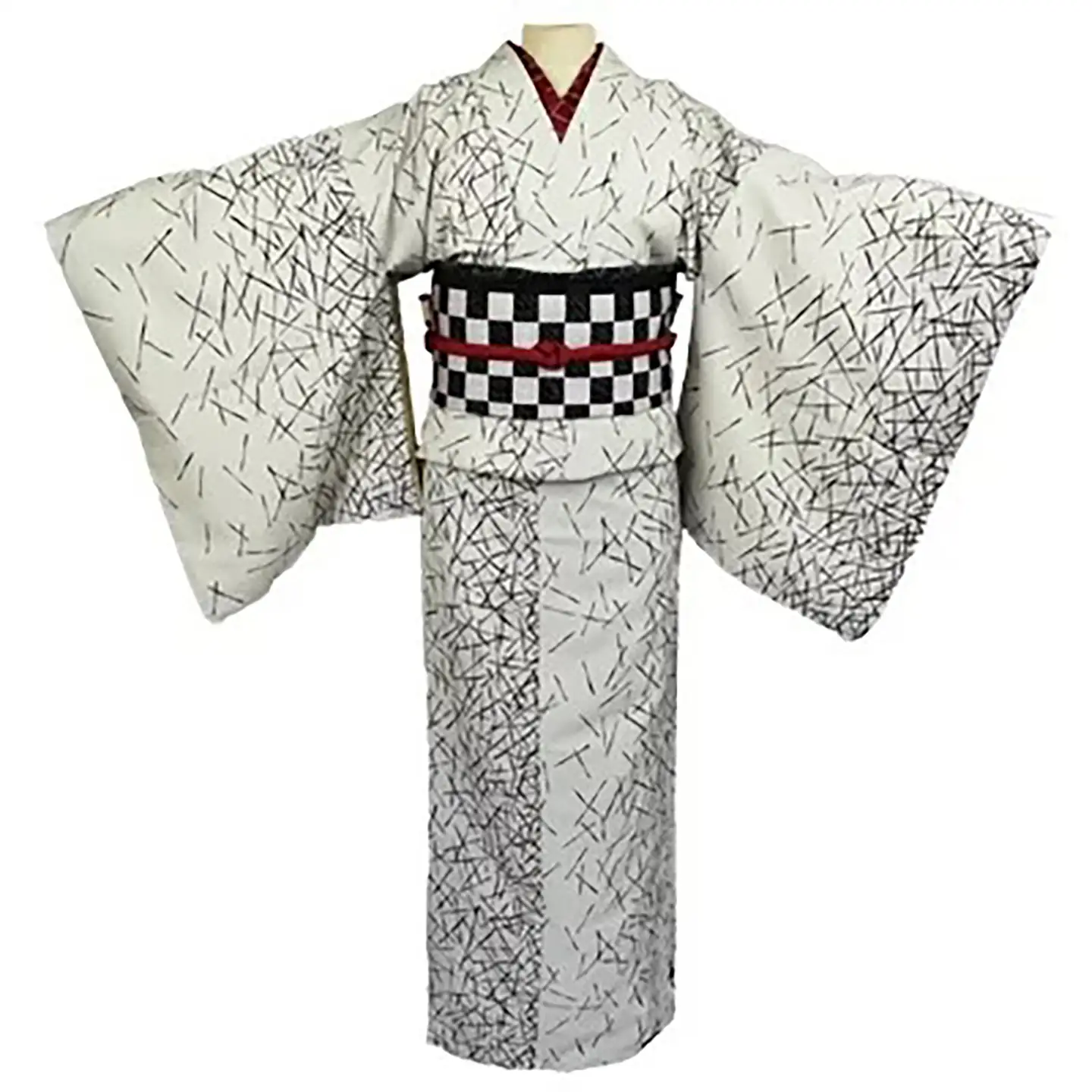 車いす用着物レンタル3日間＜小紋:白色 松葉柄 太鼓帯:白黒色　市松柄(草履付き)＞ 着物