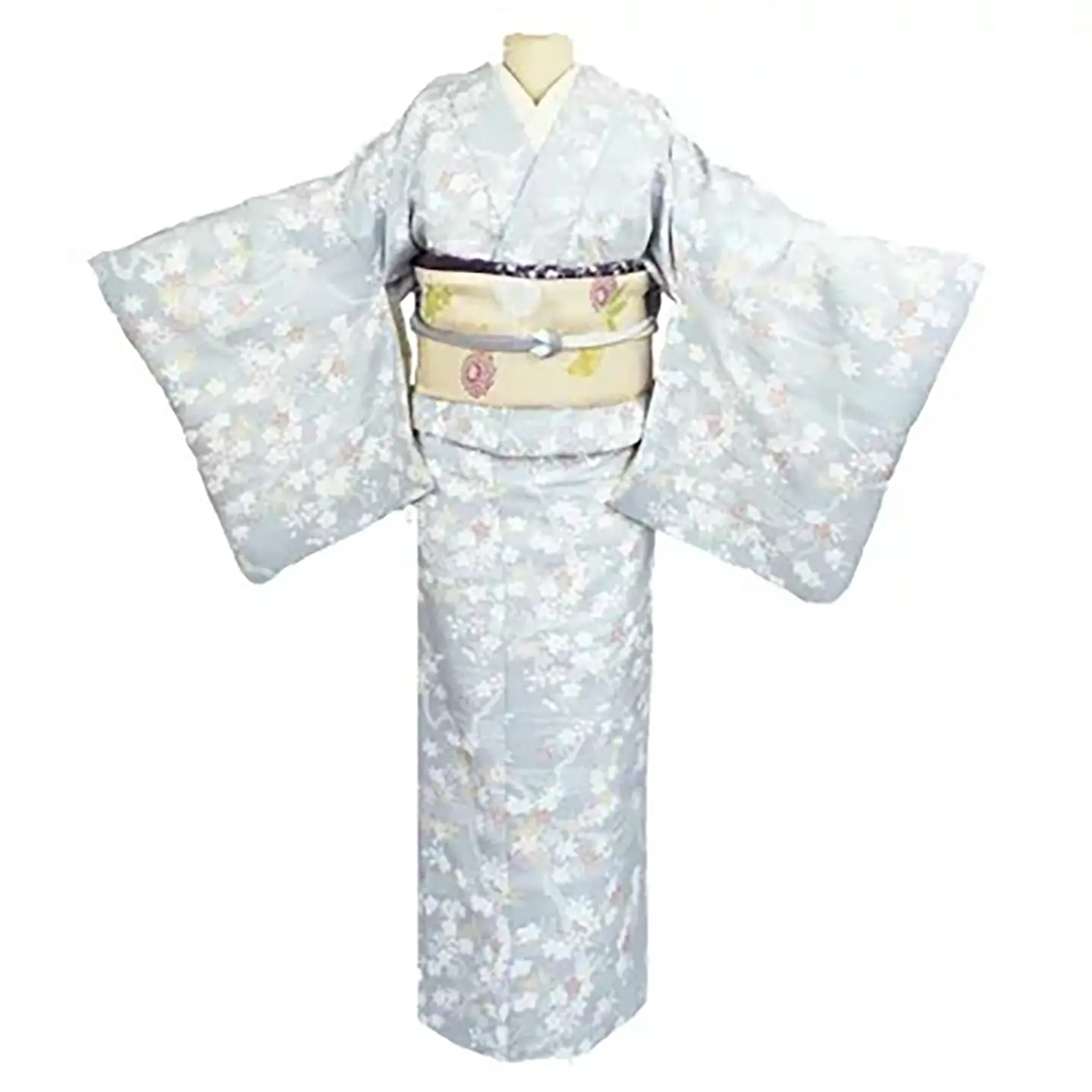 車いす用着物レンタル3日間＜小紋:水色 桜 紅葉柄 太鼓帯:黄色 草花文(草履付き)＞ 着物