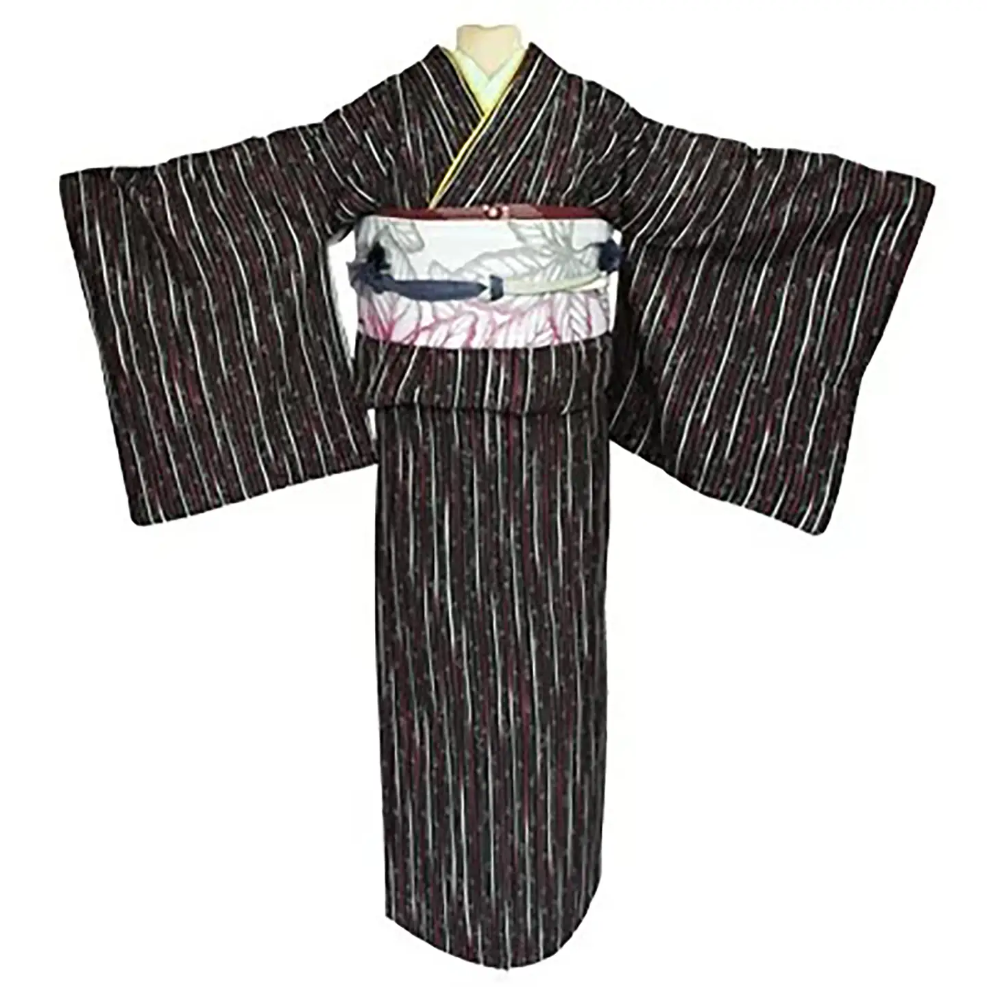 車いす用着物レンタル3日間＜小紋:黒色 縦縞柄 太鼓帯:白色 大葉柄(草履付き)＞ 着物