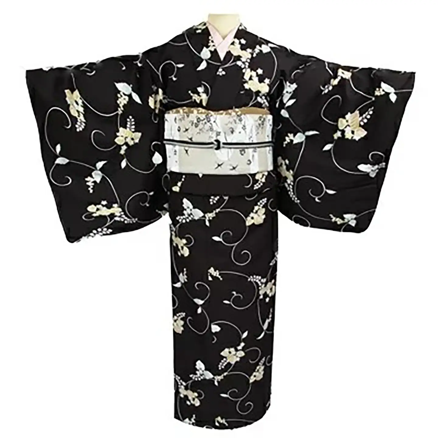車いす用着物レンタル3日間＜小紋:黒色 葡萄柄 太鼓帯:白色 水辺に鶴柄(草履付き)＞ 着物