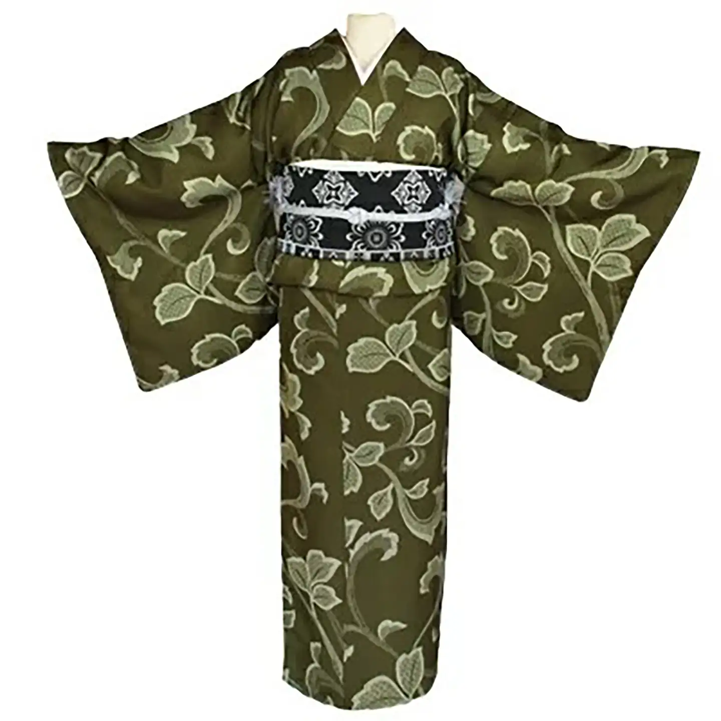 車いす用着物レンタル3日間＜小紋:抹茶色 唐草模様 太鼓帯:藍色 縞柄入り 葉模様(草履付き)＞ 着物