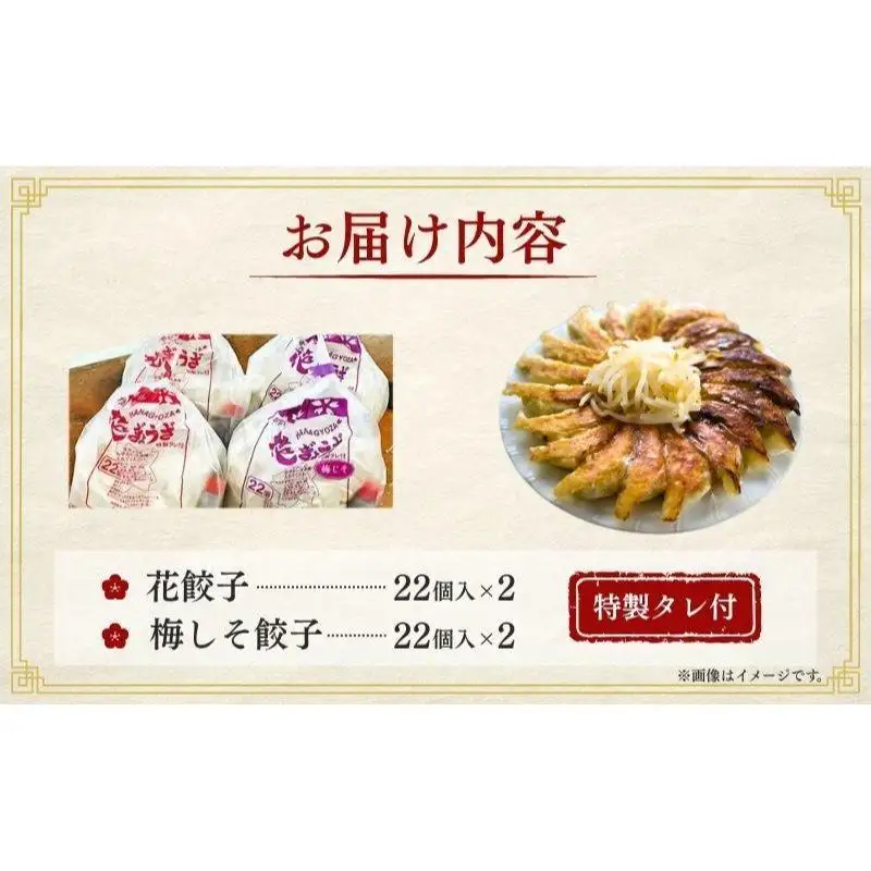 花餃子(22個入×2袋)と梅しそ餃子(22個入×2袋)のセット 2ヶ月毎6回お届け 惣菜 冷凍餃子 中華 夕飯 夜ごはん おかず 食べ比べ おつまみ ビールのおつまみ 