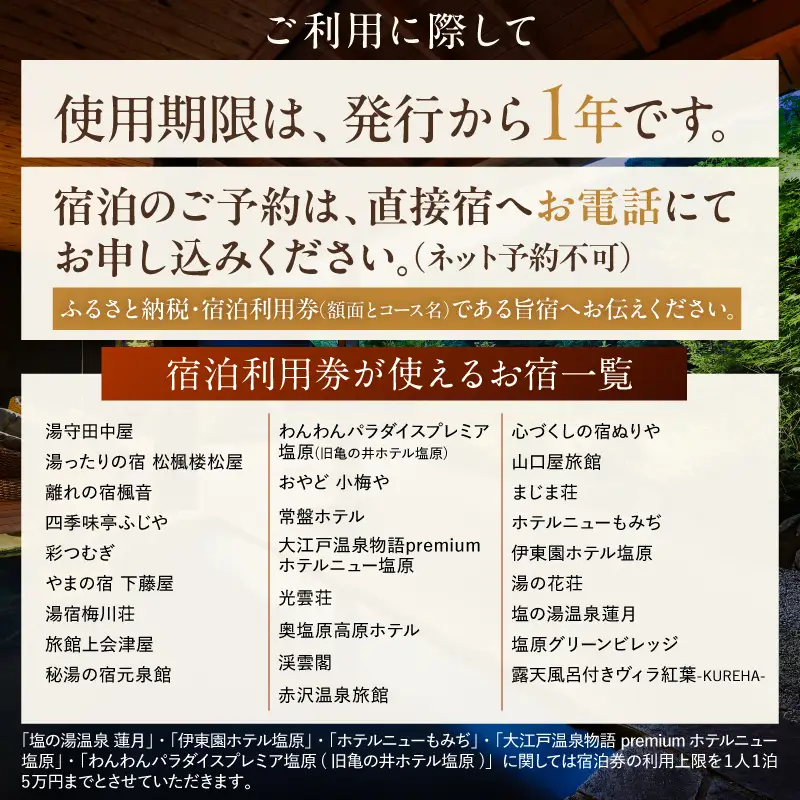 塩原温泉・宿泊利用券(松コース・45,000円分) 【ns010-003】