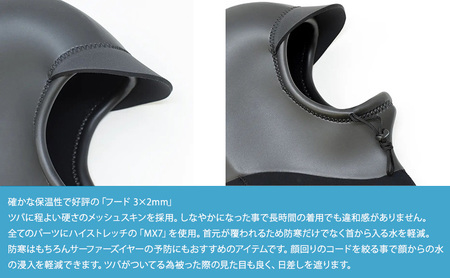 フード 3×2mm ブラックスキン×ブラックジャージ ダブサーフィングウェットスーツ  動きやすさ 保温性 防寒 サーファーズイヤー予防 水の浸入軽減 マリンスポーツ  XL (60-62cm)
