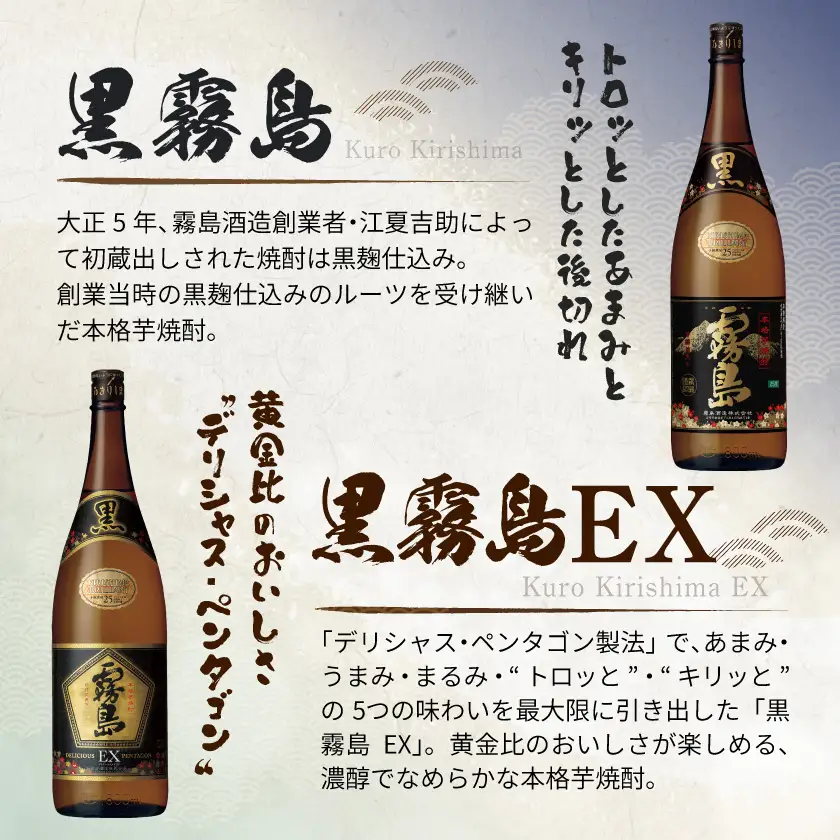 霧島酒造 「黒霧島・黒霧島EX」25度1.8×4本〔24-19-017〕_(都城市) 黒霧島25度 黒霧島EX25度 各1.8L×2本 計4本 一升瓶4本セット 本格芋焼酎 黄金千貫使用 水割りお湯割り ロック くろきり