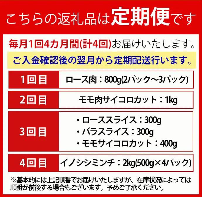 【4回定期便】天城町 イノシシ肉 食べ比べ 定期便 ミンチ ロース サイコロ 焼肉セット ジビエ イノシシ