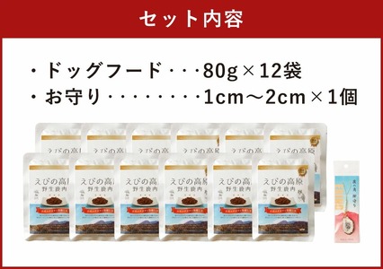 鹿肉 ドッグフード 80g×12袋 合計960g 鹿の角のお守り セット 小分け 保存料・着色料 無添加 レトルト ペットフード 犬用 犬 えさ ごはん ソフトジャーキータイプ 御守り 鹿角 ストラップ 宮崎県産 送料無料