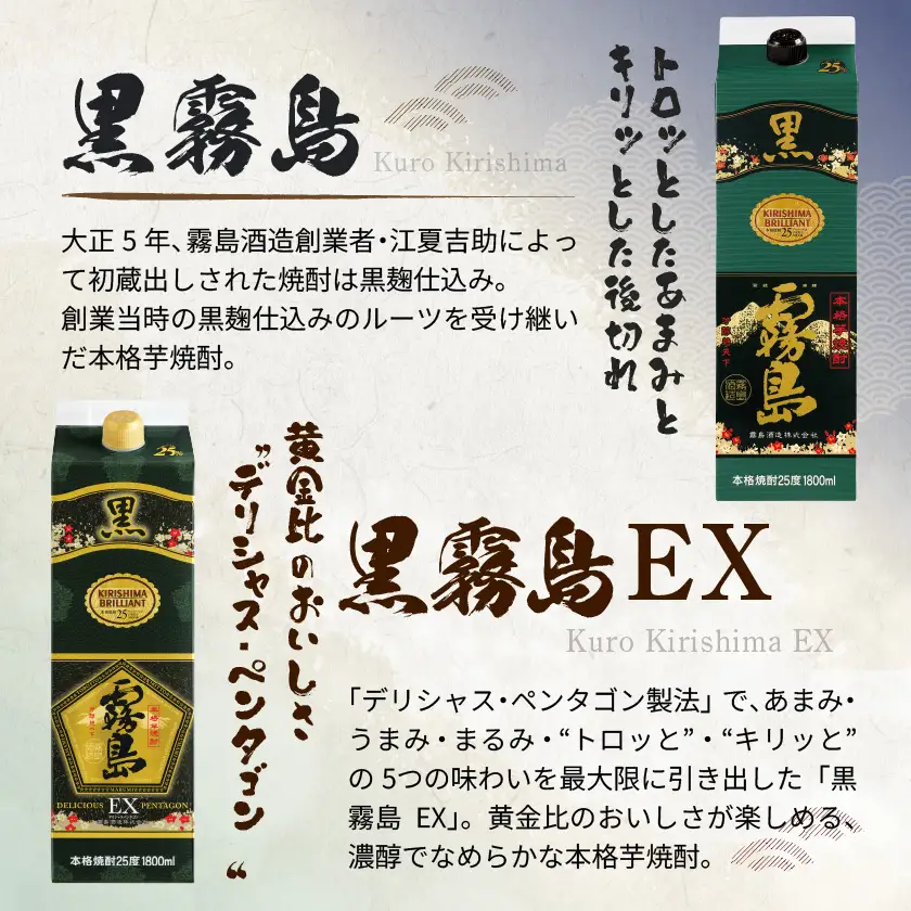 【霧島酒造】黒霧島パック(25度)1.8L×2・黒霧島EXパック1.8L×2本セット ≪みやこんじょ特急便≫〔29-07-506-Q_99〕_(都城市) 霧島酒造 焼酎 黒霧島 黒霧島EX パック 1.8L 25度 本格芋焼酎