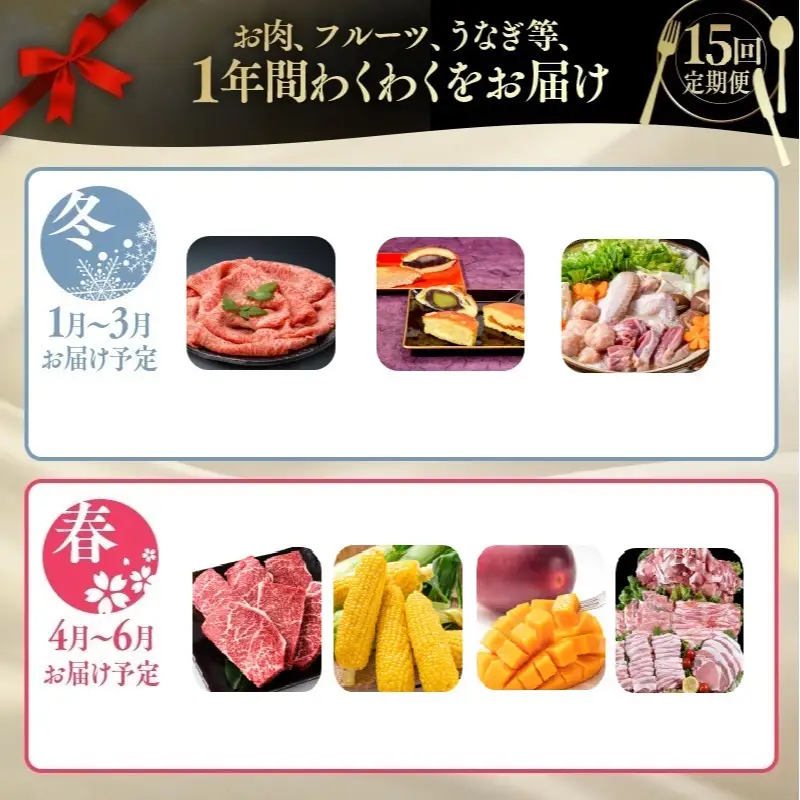 【季節の定期便D】12ヶ月毎月届く西都まるごと堪能セット15品お届け！【シルバーコース】宮崎牛 うなぎ 牛肉 豚肉 鶏肉 すき焼き 鍋等＜1-4a＞