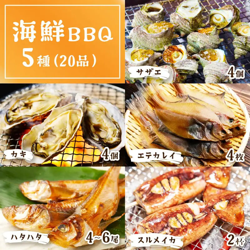 大満足！京丹後・海鮮BBQ　Aセット　5種20品（3～4人前）（2026年4月中旬～発送） 魚介類 さざえ 蠑螺 カキ かき いか バーベキュー ばーべきゅー きゃんぷ アウトドア あうとどあ 個包装 冷凍 送料無料