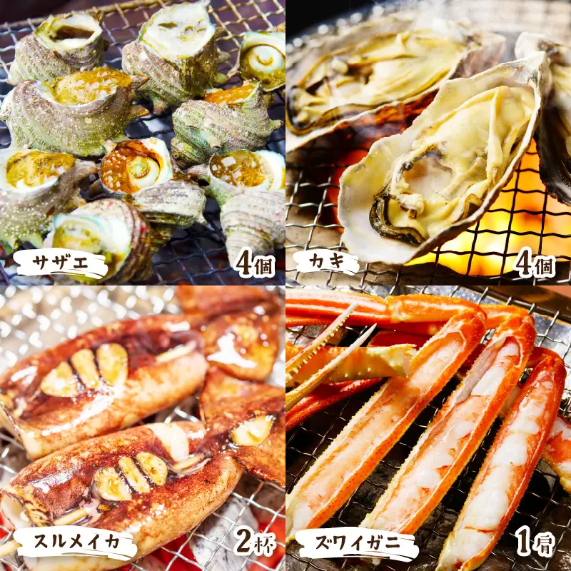 大満足！京丹後・海鮮BBQ　Cセット　贅沢生ズワイガニ付き　4種11品（3～4人前）（2026年4月中旬～発送） 魚介類 さざえ カキ かき いか かに カニ ずわい蟹 ズワイ蟹 バーベキュー ばーべきゅー きゃんぷ アウトドア あうとどあ 冷凍
