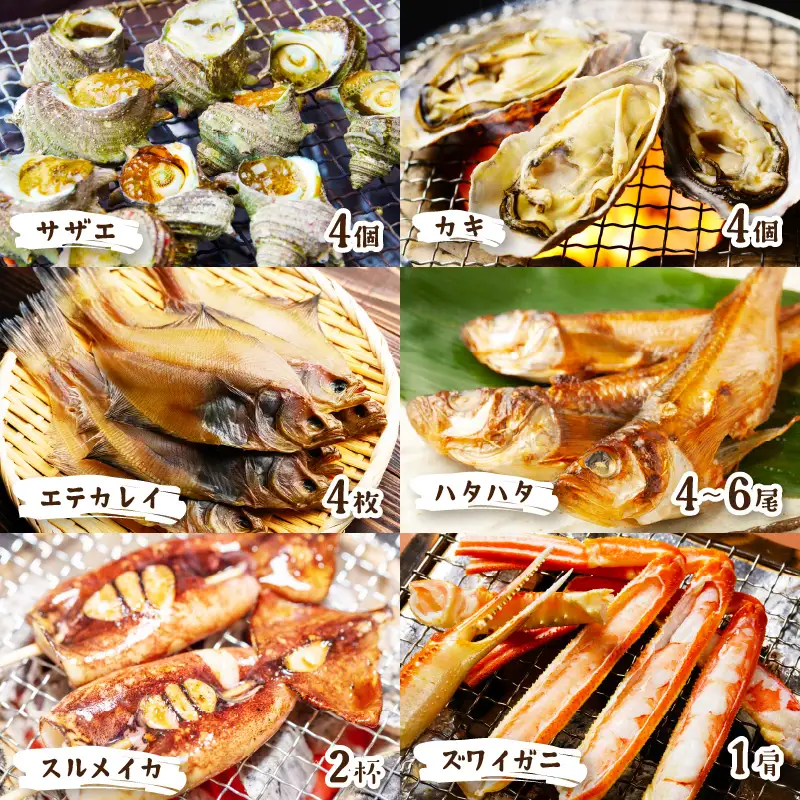 大満足！京丹後・海鮮BBQ　Eセット　豪華盛り合わせ　生ズワイガニ　付　6種21品（4～5人前）（2026年4月中旬～発送） 魚介類 さざえ 蠑螺 カキ かき いか かれい かに カニ ズワイ蟹 バーベキュー アウトドア 個包装 冷凍