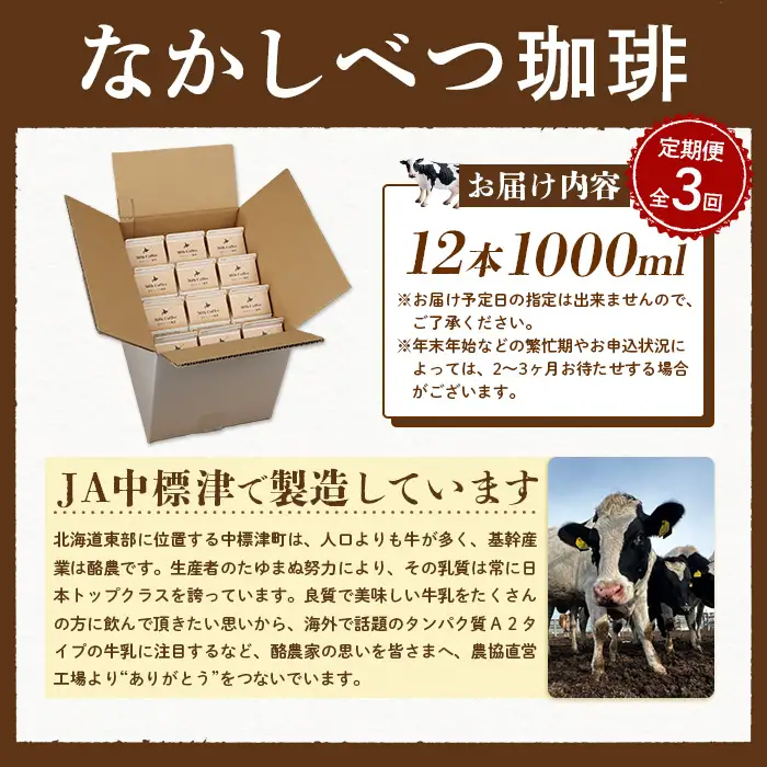 【定期便：全3回】北海道なかしべつ珈琲 1000ml×12本【1403101】