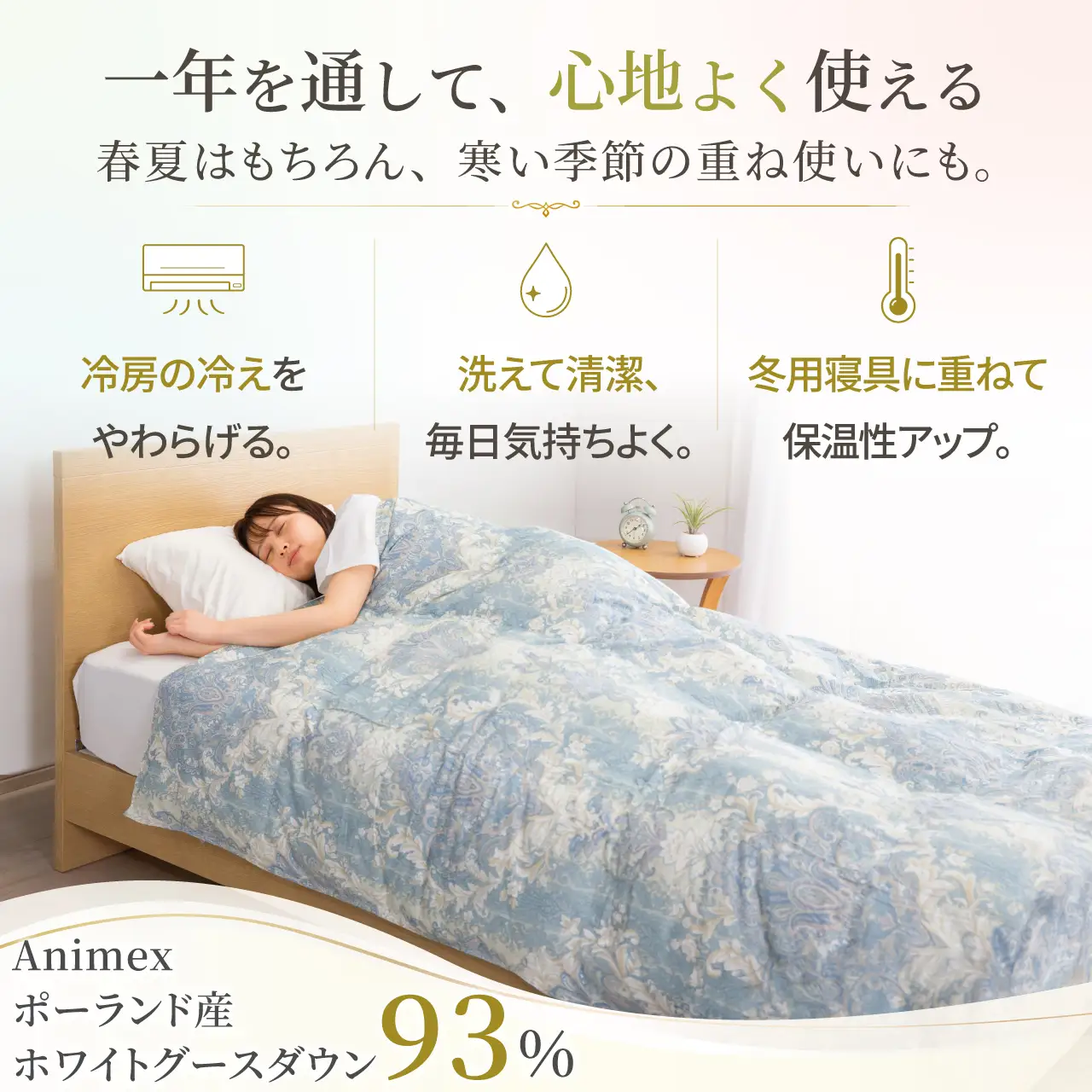 【春夏用】洗える羽毛布団 シングル 肌掛け ダウン 夏 春 ホワイトグースダウン93% 0.3kg 青系柄