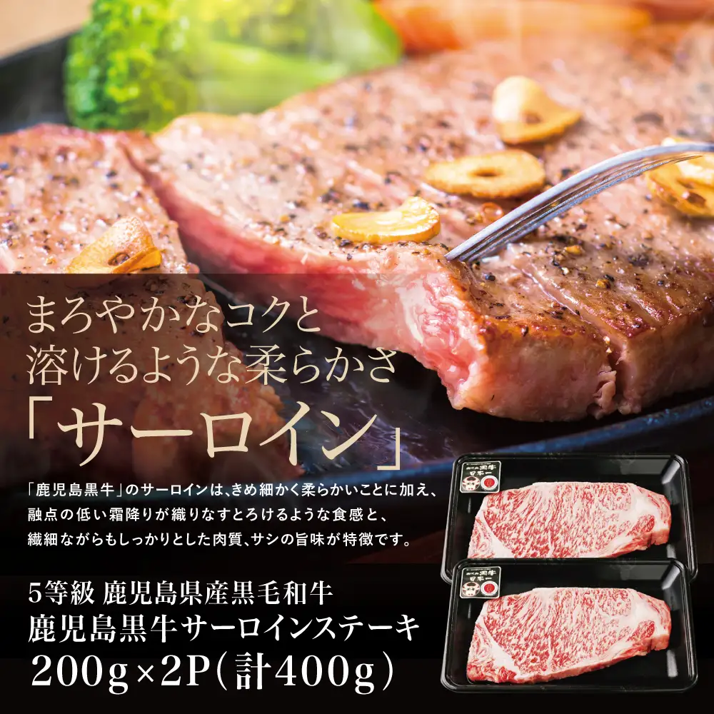 【和牛日本一】5等級 鹿児島黒牛サーロインステーキ 2枚 計400g（200g×2P） 牛肉 黒毛和牛 冷凍 バーベキュー BBQ JA食肉かごしま
