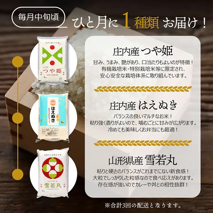 【3か月定期便】山形のブランド米 食べ比べ 毎月 5kg×1袋 1種 計15kg 令和7年産 つや姫 はえぬき 雪若丸 ブランド米 米 山形 庄内平野 コシヒカリの原点、亀の尾発祥の地 庄内 定期【8月中旬発送/入金期限：2026年7月25日】