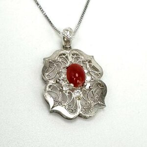 唐草模様と宝石のネックレス アクセサリー シルバーアクセサリー アメジスト サンゴ 珊瑚 天然石 ネックレス 唐草模様  奈良 N-10