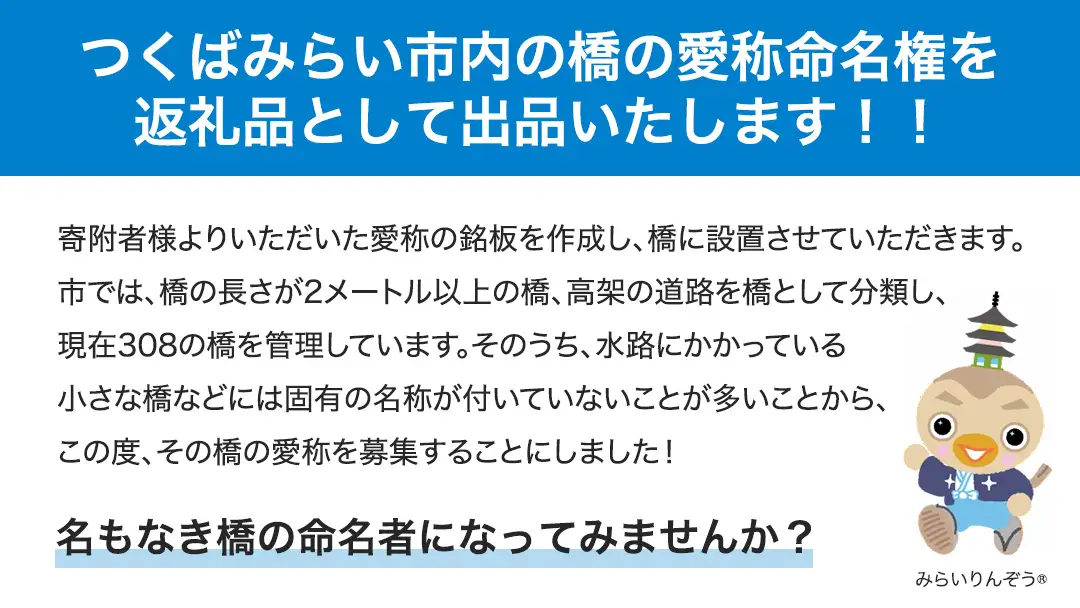 つくばみらい市 橋の愛称 命名権 （橋長5m～10m） 