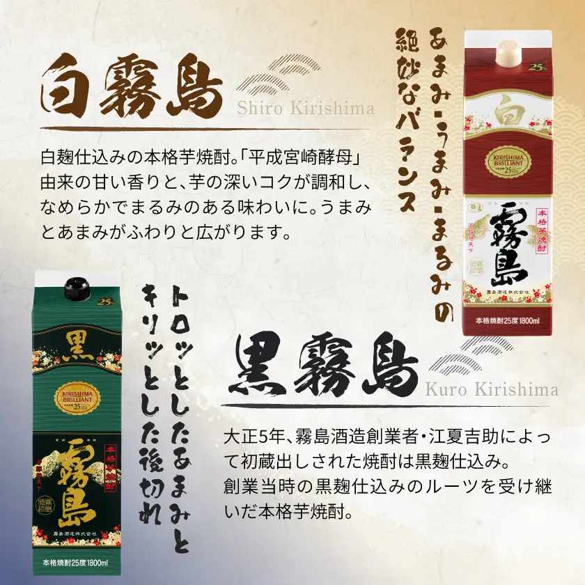 【霧島酒造】白霧島パック(25度)1.8L×3本・黒霧島パック(25度)1.8L×3本 ≪みやこんじょ特急便≫〔38-07-502-Q_99〕_(都城市) しろくろきりしま 一升 パック 霧島酒造 白霧島 黒霧島 25度 お湯割り 水割り ロック ストレート 本格焼酎 定番焼酎 10日以内