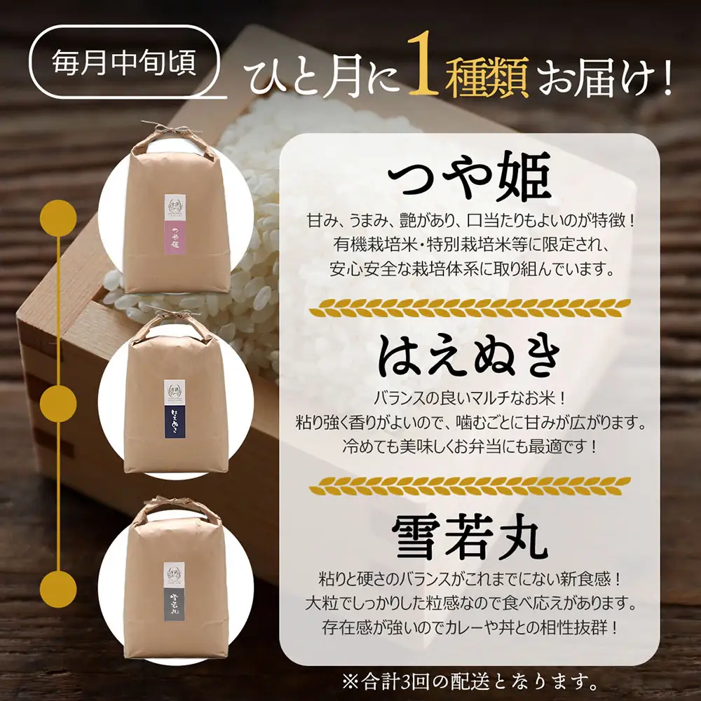 【定期便】【令和7年産/8年産】 庄内町産 雪若丸 つや姫 はえぬき 5kg×3ヶ月 毎月 1種 計15kg 食べ比べ 金賞受賞農家 ブランド米 吉祥ファーム【9月中旬発送】