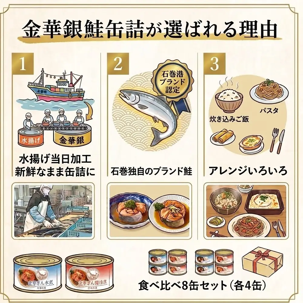 銀鮭 缶詰 食べ比べ セット 水煮 醤油煮 さけ しゃけ 鮭 サケ 金華ぎん おかず キャンプ アウトドア 便利 お手軽 簡単レシピ ご飯のお供 家飲み ギフト 地域の味 木の屋石巻水産 常温保存 防災 備蓄