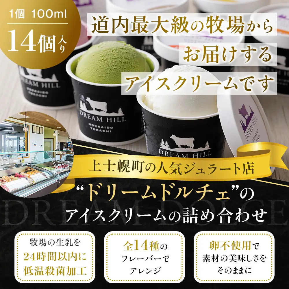 ドリームドルチェ よくばり アイス 100ml×14個（14種） A2ミルク製 卵不使用 北海道 牧場直送 スイーツ ジェラート アイスクリーム 詰め合わせ 人気 ギフト 贈答用 冷凍 ドリームヒル