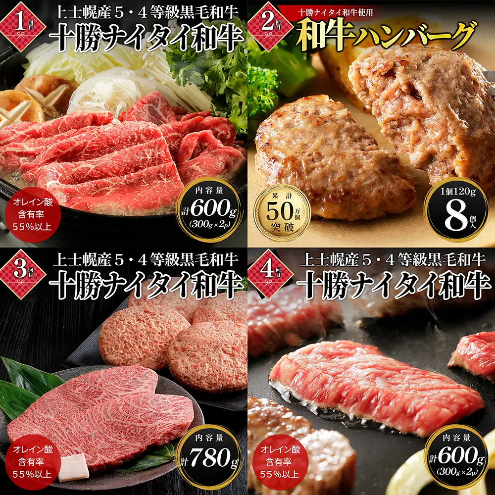 十勝ナイタイ和牛 一年満喫 定期便 12回 12ヵ月定期便 29（ニク）万円 国産 北海道 牛 肉 牛肉 和牛 5・4等級 黒毛和牛 オレイン酸含有率55%以上 サーロイン ヒレ 焼肉 すき焼き ハンバーグ 冷凍