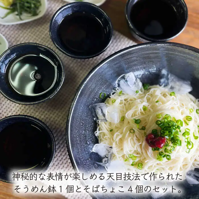 天目そうめん鉢 と そばちょこ の 5点セット 糸島市 / 弘窯 (林 国広) 【いとしまごころ】 食器 セット [ASZ007]