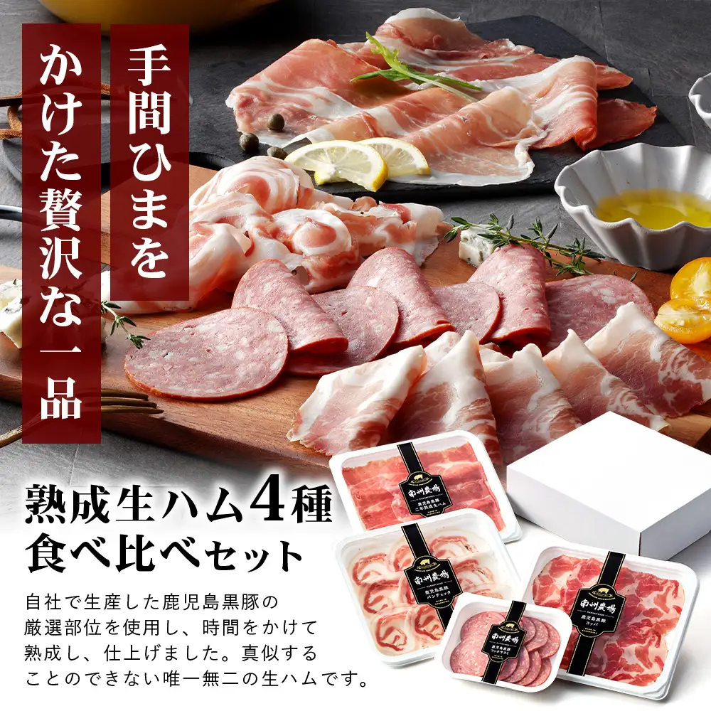 【定期便全3回】かごしま黒豚熟成生ハム４種食べ比べ セット（約540g）NS-519 | 国産 肉 お肉 豚肉 豚 にく ぶた 生ハム 最高峰 熟成ハム コッパ パンチェッタ コッホサラミ スパイス サラミ 冷蔵 詰め合わせ 産地直送 ギフト プレゼント 贈り物 鹿児島県 南大隅町 南州農場