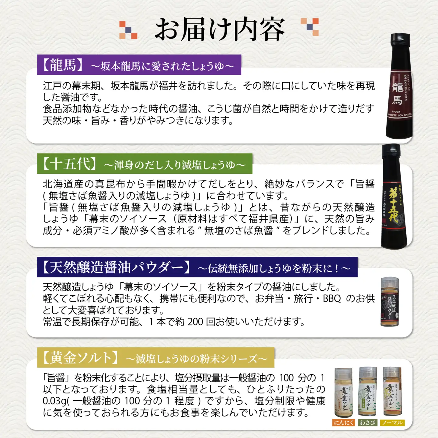 【ふるさと納税限定】室次十五代目の特薦セット [A-036002] / 醤油 深みのあるコク 濃厚 国産 調味料 刺身 寿司 冷奴 焼き魚 つけ醤油 かけ醤油 老舗の味 詰め合わせ お取り寄せ 天然醸造 ソイソース 地下水 粉末醤油 天然醸造 減塩 醤油パウダー 料理 詰め合わせ