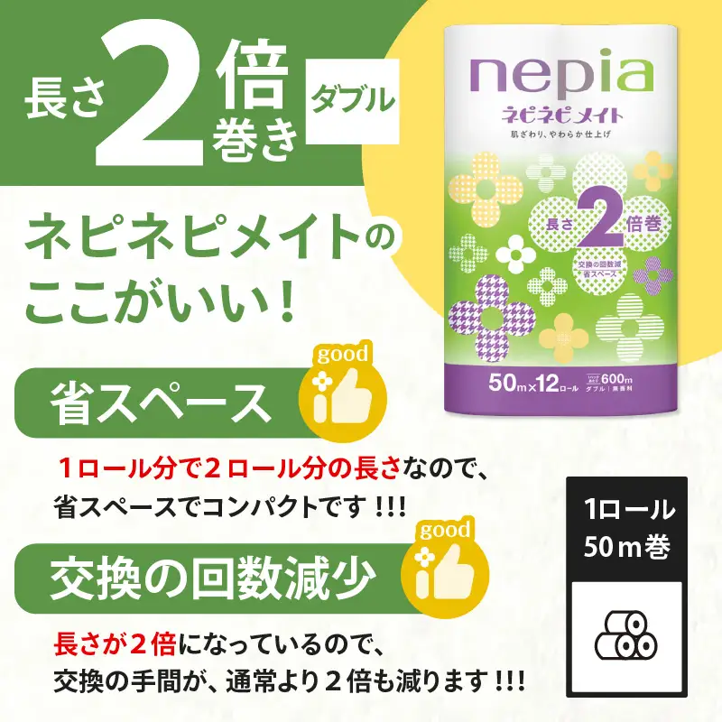 【A042】紙のまち苫小牧 ネピア ネピネピメイト トイレットロール 2倍巻 12ロール ダブル T001-016 日用品