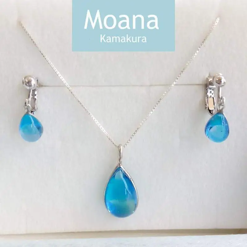 スウィングドロップイヤリングドロップネックレスセット Crystal  Aqua Blue