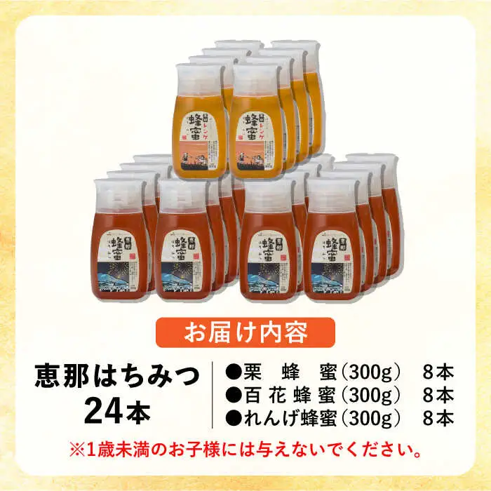 恵那蜂蜜 24本セット (蓮華蜂蜜300g×8本、百花蜂蜜300g×8本、栗蜂蜜300g×8本) / 恵那市 / はち工房こうけつ [AUDF046]