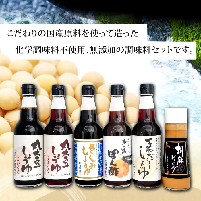 森田の本当においしい醤油を厳選したセット【醤油 濃口醤油 薄口醤油 さしみ醤油 だし醤油 ぽん酢 ドレッシング 6種 セット 国産丸大豆 国産 無添加 調味料 詰め合わせ 化学調味料不使用 安心 安全 料理 贈り物 プレゼント ギフト 】