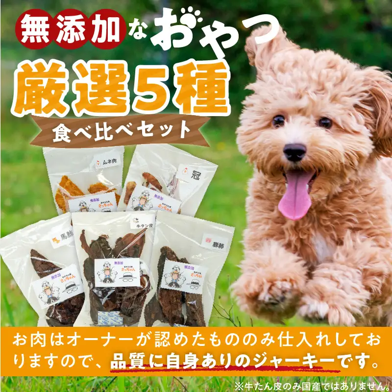 犬猫用 ペットフード 無添加おやつジャーキー 肉シリーズ ５袋詰め合わせ おやつ工房さっちゃん ペット ペット用品 ドッグフード キャットフード 犬 猫 無添加 おやつ ジャーキー マルシェ エサ 餌 おやつ工房 さっちゃん 愛知県 小牧市 [143O14]