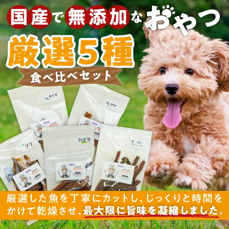 犬猫用 ペットフード 国産無添加おやつジャーキー 魚シリーズ ５袋詰め合わせ おやつ工房さっちゃん ペット ペット用品 ドッグフード キャットフード 犬 猫 無添加 おやつ ジャーキー マルシェ エサ 餌 おやつ工房 さっちゃん 愛知県 小牧市 [143O15]