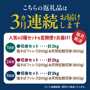 【定期便　全3回】人気の2種塩さば＆紅鮭切り身セット計6kg (2kg × 3回)_G60-T54
