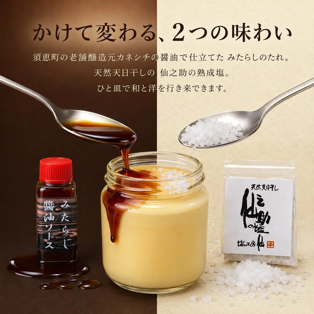 プリン カネシチのみたらし醤油 と 仙之助の熟成塩 4個 | 詰め合わせ プリン