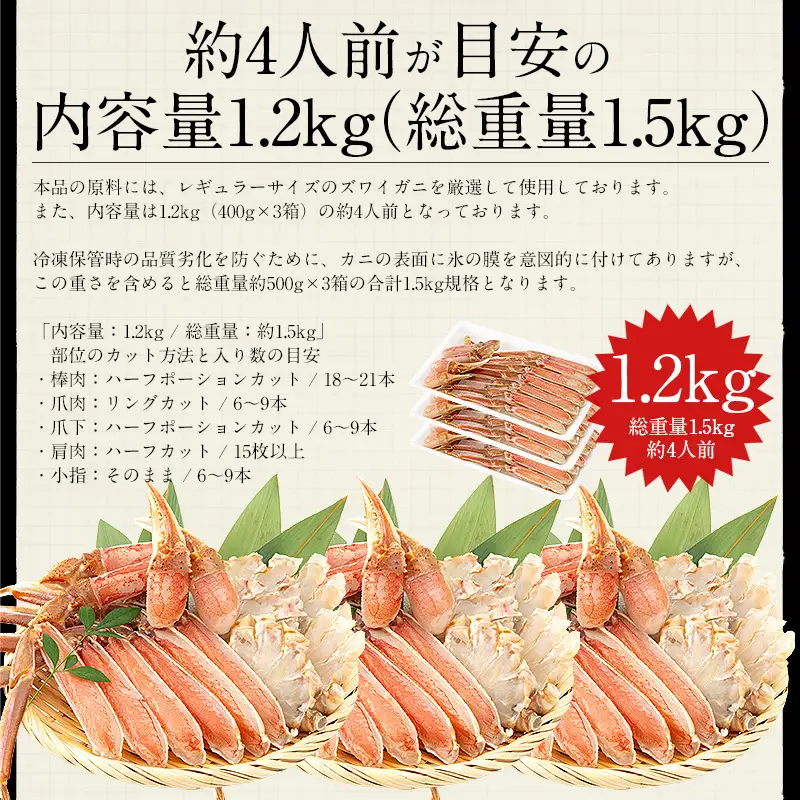 【12月1日～25日着(指定日不可)】カット済ズワイ蟹ハーフポーション1.2kg（400g × 3箱）[053-b009]