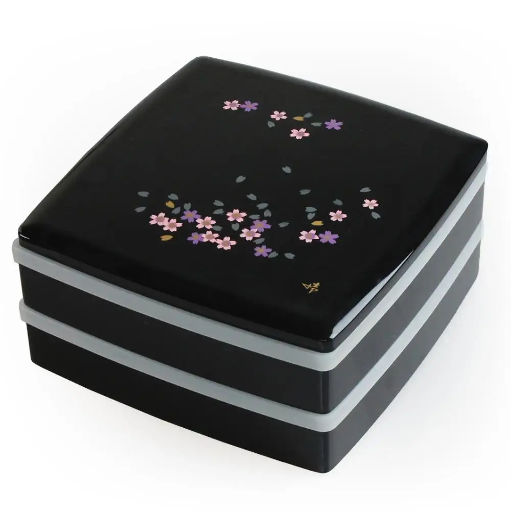 重箱 仕切り付き 重箱 オシャレ 重箱 おしゃれ 正月【24cm】二段 四角 黒 桜 シール中蓋付き