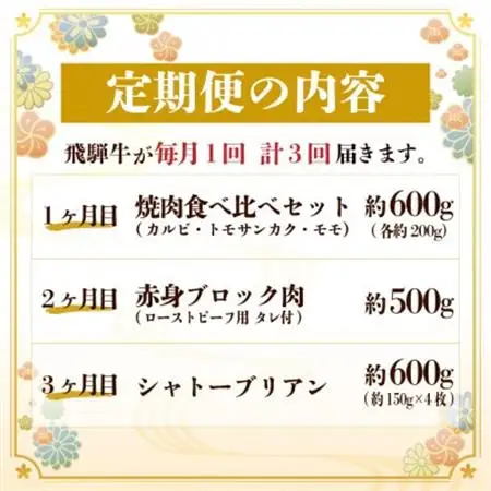 【毎月定期便】飛騨牛 極定期便 計1.7kg【冷蔵便】A4～A5等級 シャトーブリアンほか 全3回_肉 ステーキ 牛肉 ビーフステーキ  肉 焼肉 牛肉 やきにく ヤキニク バーベキュー  定期便 定期便  _【配送不可地域：離島】【4055508】