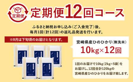【12か月定期便】 無洗米 ＜真空パック＞ 米 国産 令和7年産 ヒノヒカリ 宮崎県産（ 計10kg×12回）