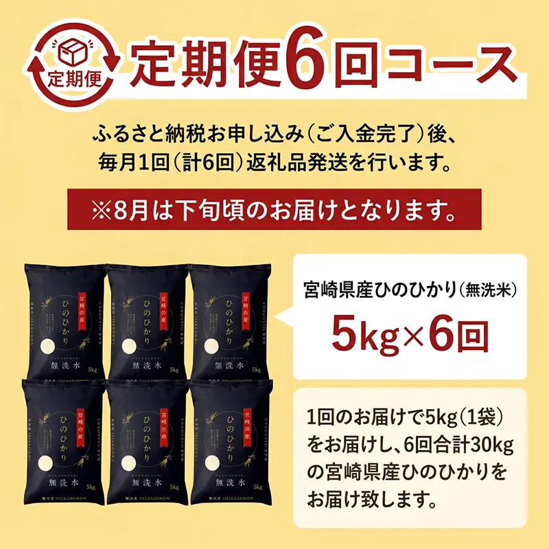 【6か月定期便】 無洗米 ＜チャック付＞ 米 国産 令和7年産 ヒノヒカリ 宮崎県産（5kg×6回）