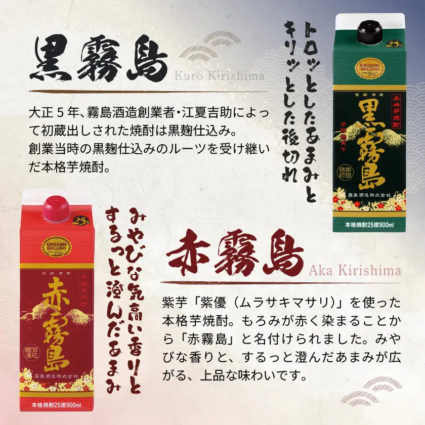 【霧島酒造】赤霧島・黒霧島パック(25度)900ml×12本 ≪みやこんじょ特急便≫〔42-07-505-12-Q_99〕_(都城市) 本格芋焼酎 定番焼酎 お酒 5合パック 紙パック ロック 水割り 炭酸割り果汁割り 霧島酒造 ストック 家飲み 晩酌
