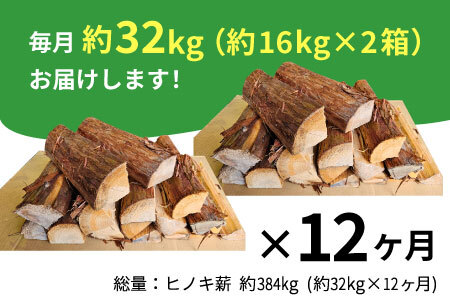 東濃ヒノキ薪 中割～大割 約32kg ( 約16kg×2箱 ) 計384kg 12回 12ヶ月 皮付き 中割 大割 薪ストーブ アウトドア キャンプ 焚火 暖炉 薪 まき 桧 ひのき ヒノキ 雑貨 日用品 定期便 定期 毎月お届け 東白川村 180000円【12ヶ月定期便】