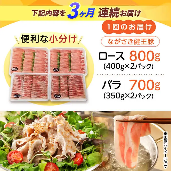 【3回定期便】ながさき健王豚しゃぶしゃぶ用(ロース:400g×2パック・バラ:350g×2パック)　/　豚　豚肉　しゃぶしゃぶ　ロース　バラ　うす切り　/　諫早市　/　長崎県央農業協同組合Aコープ本部 [AHAA015]