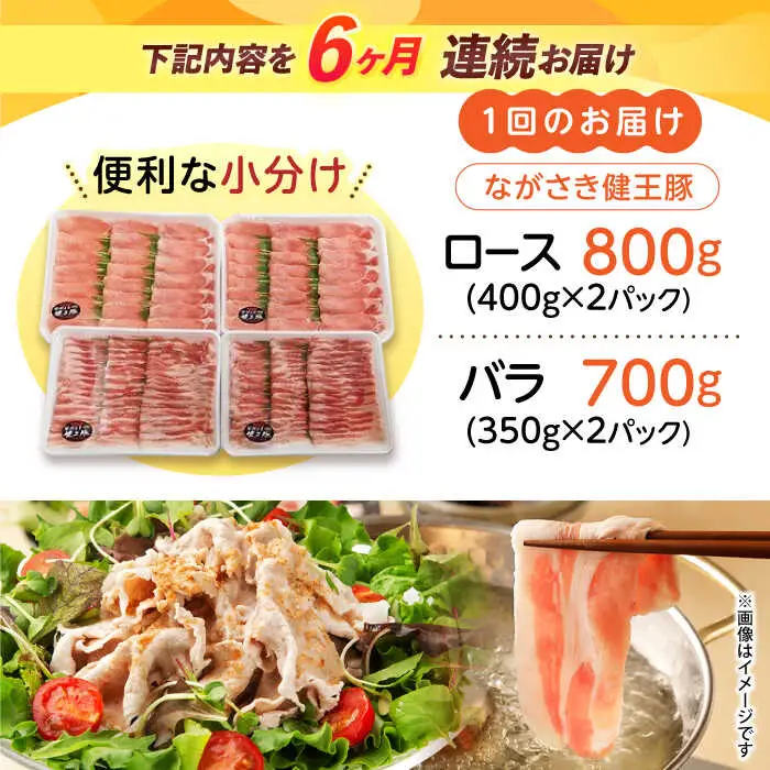 【6回定期便】ながさき健王豚しゃぶしゃぶ用(ロース:400g×2パック・バラ:350g×2パック)　/　豚　豚肉　しゃぶしゃぶ　ロース　バラ　うす切り　/　諫早市　/　長崎県央農業協同組合Aコープ本部 [AHAA016]
